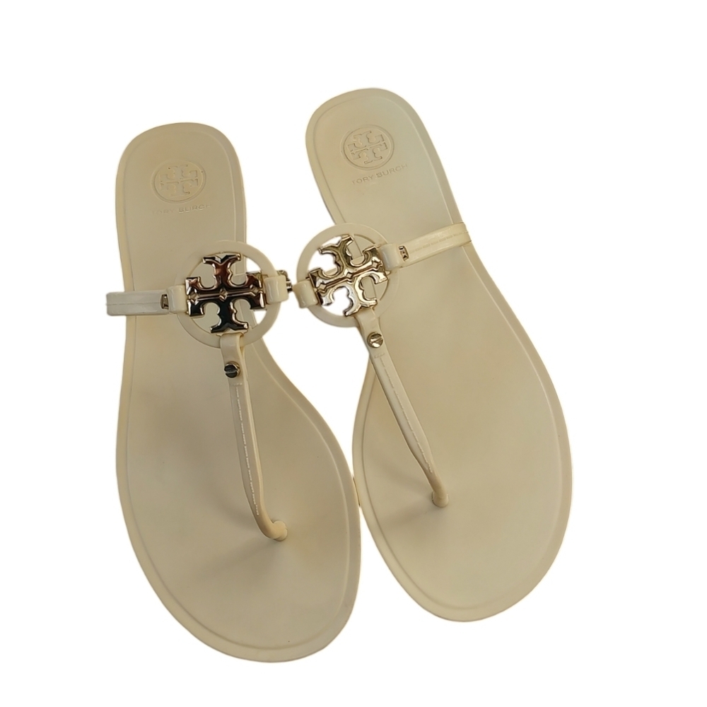Tory Burch Cream Sandals with Gold Logo Accent